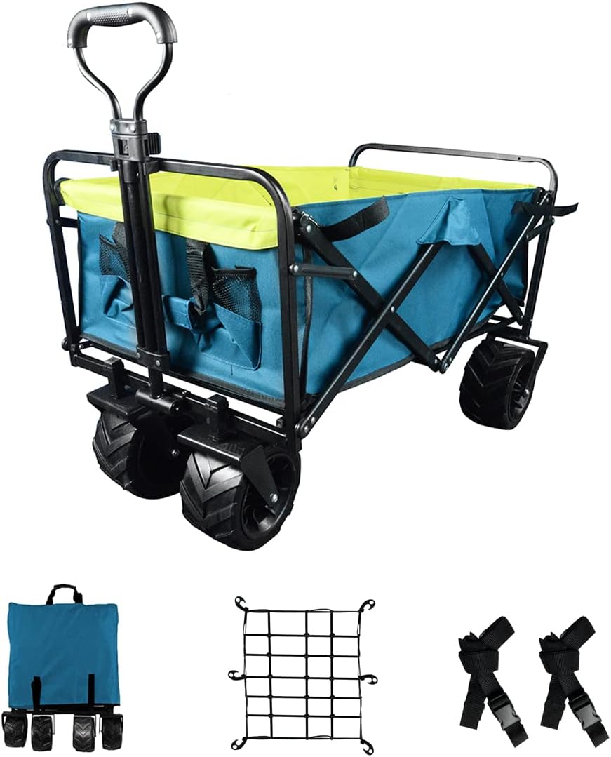 Blue Heavy Duty Folding Utility Beach Wagon Cart with Adjustable Handle B7755