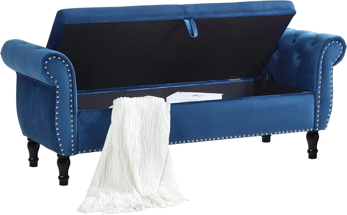 Blue Velvet Storage Bench Ottoman with Solid Wood Legs V89491