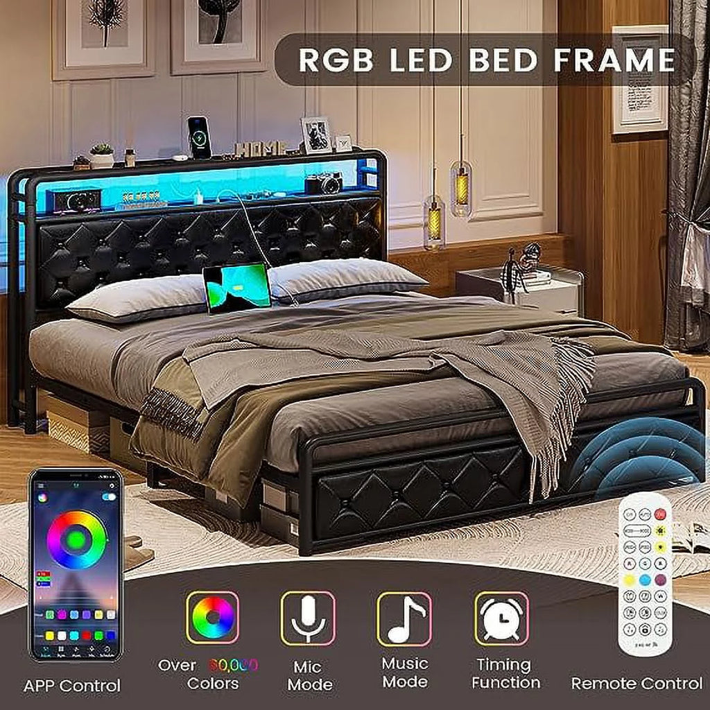 King Size Upholstered Platform Bed Frame with LED Lights, USB Charging Station, Hidden Storage Headboard, Dark Grey V44566