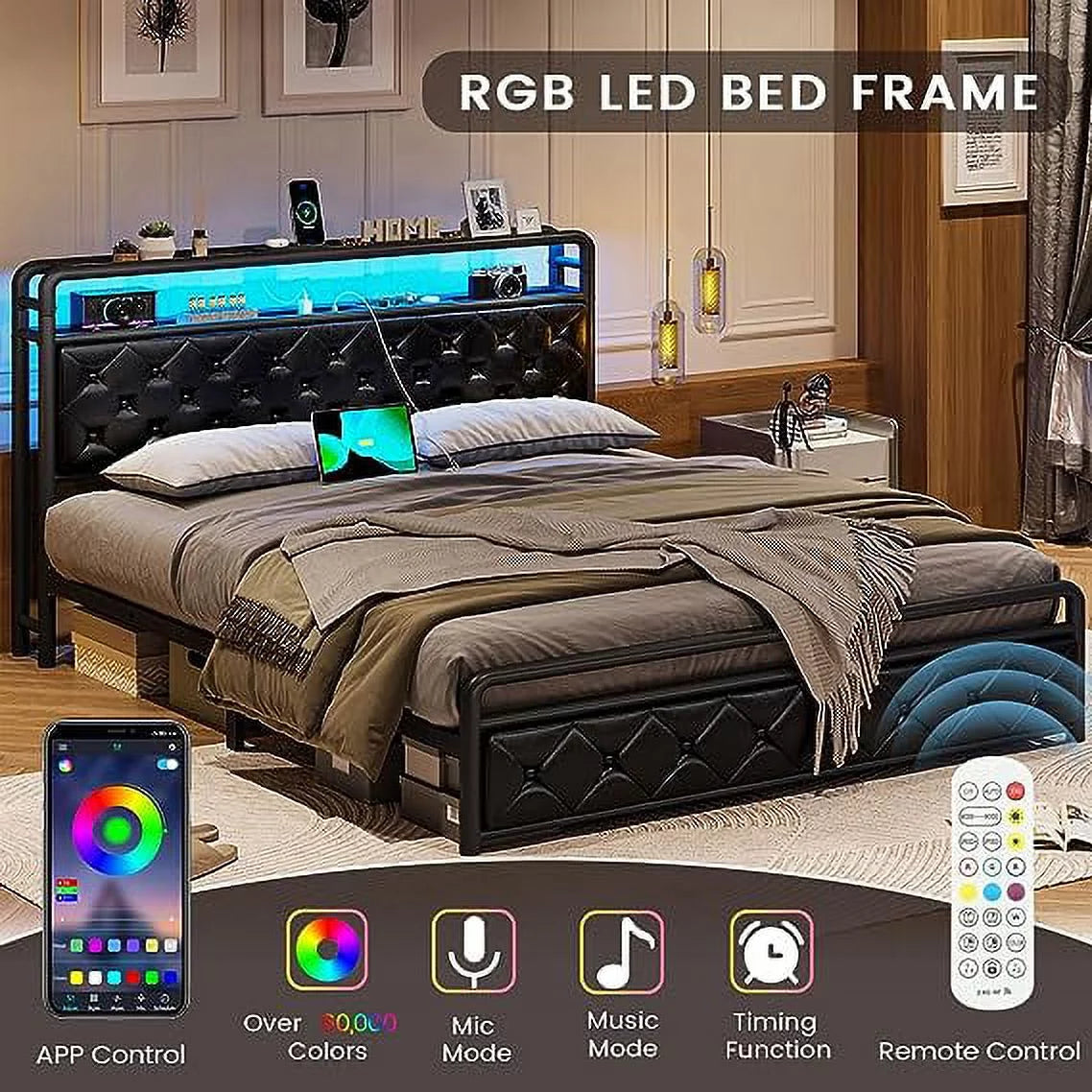 King Size Upholstered Platform Bed Frame with LED Lights, USB Charging Station, Hidden Storage Headboard, Dark Grey V44566
