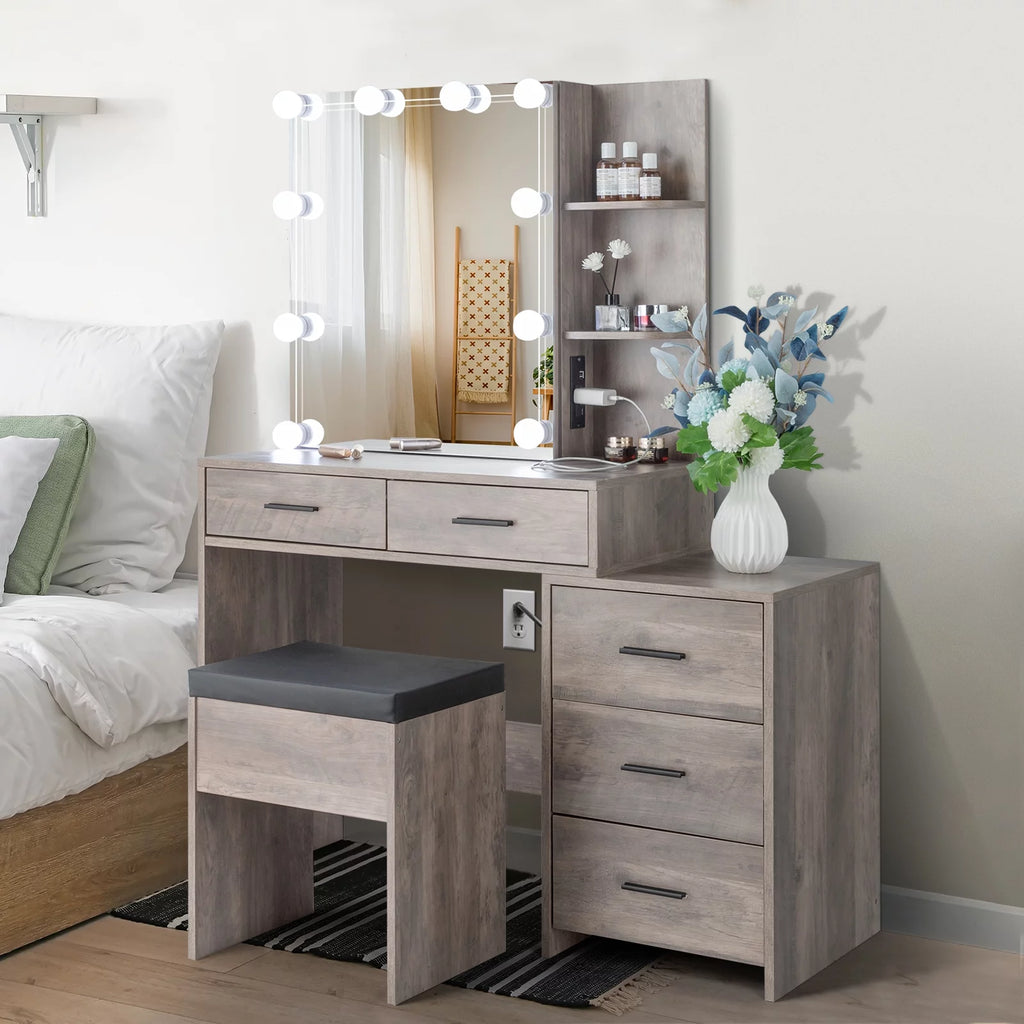 Lighted Vanity Makeup Table Set with Sliding Mirror and Cushioned Stool H8244