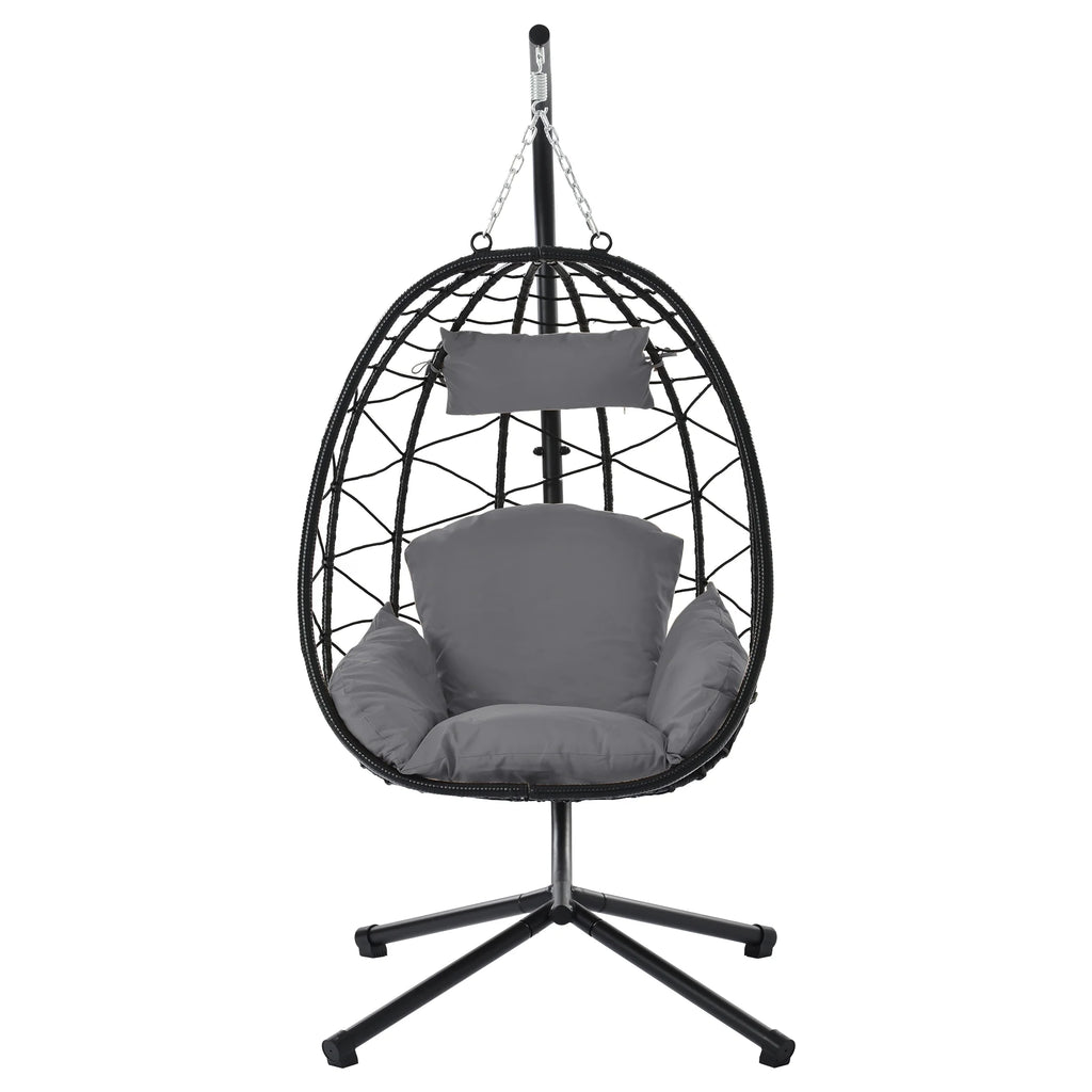 Egg Chair with Stand, Steel Frame Swing Chair Max 350Lbs with Cushions & Pillow Gray Z942422