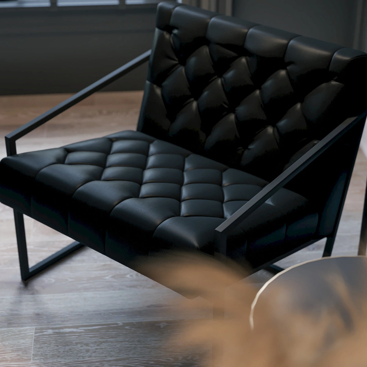 Black Faux Leather Lounge Chair with Dark Gray Metal Frame Z234