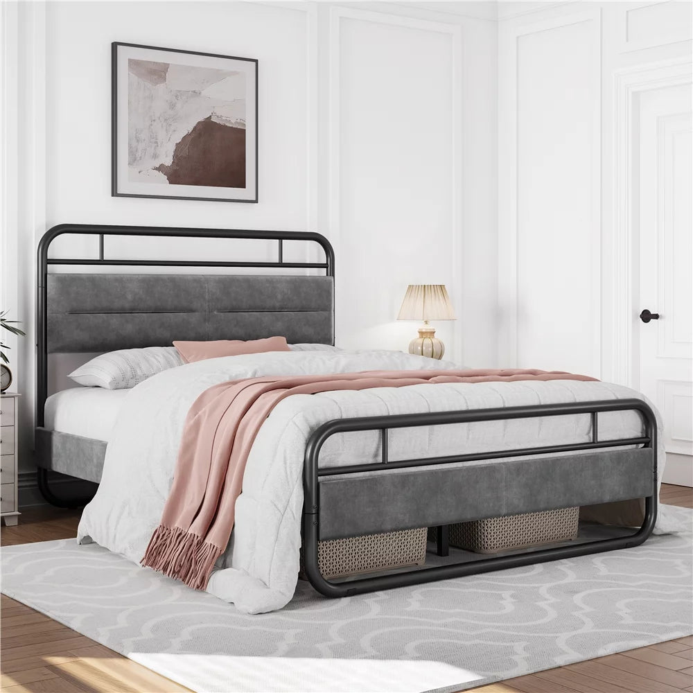 Queen Size Metal Platform Bed with Velvet Upholstered Headboard M347