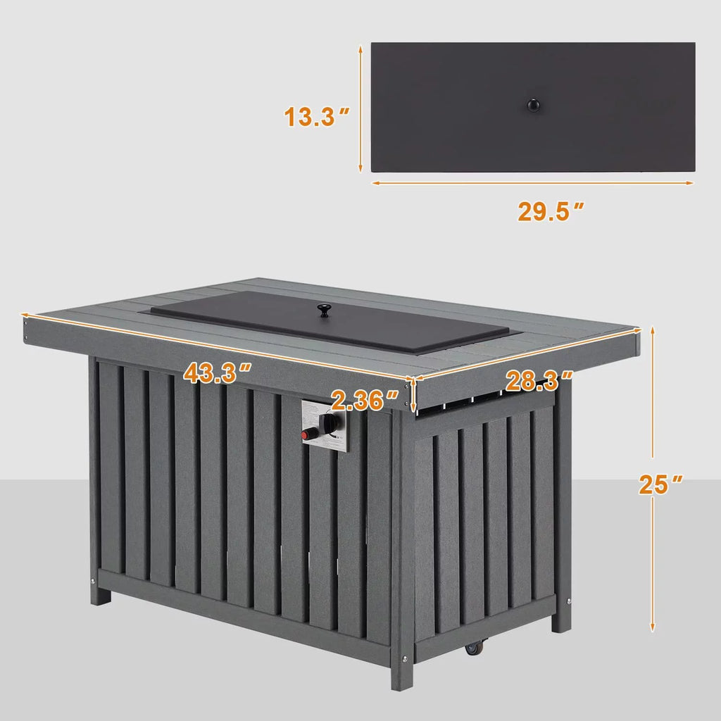 Gray 43 Inch HDPE Propane Fire Pit Table with Lid and Fire Glass D928296