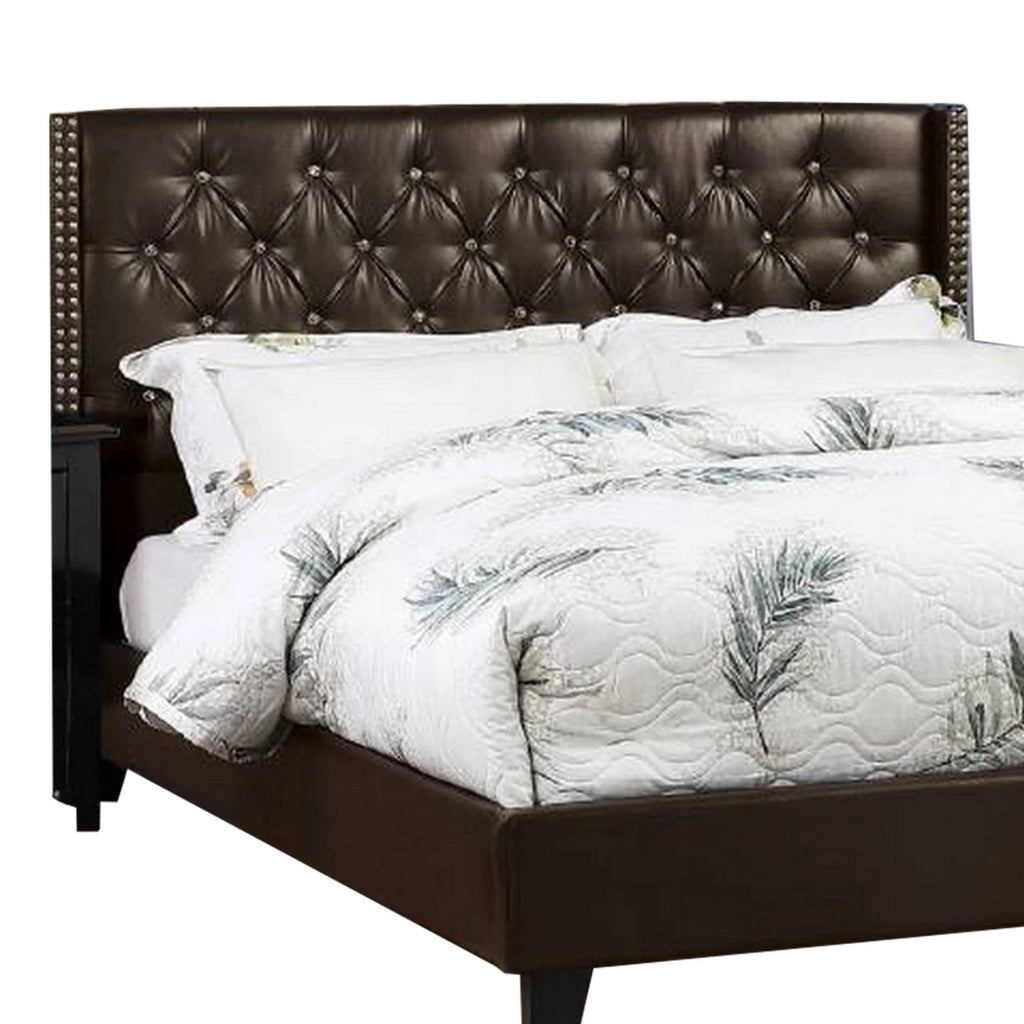 Queen Size Brown Faux Leather Upholstered Wood Bed with Nailhead Trim D7511
