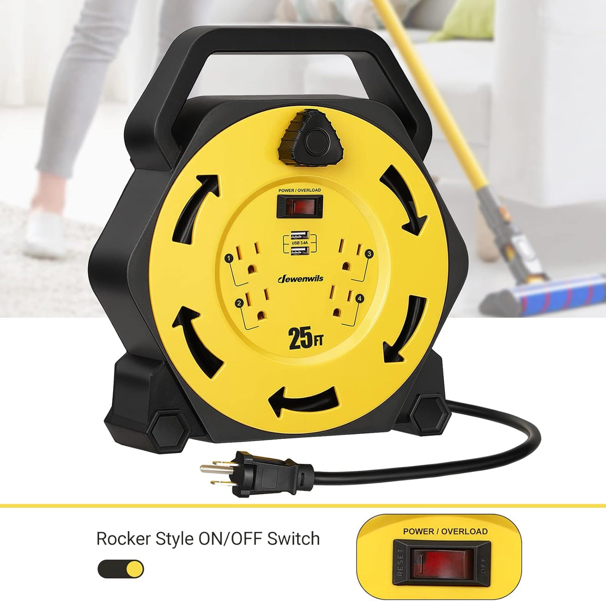 25FT Retractable Extension Cord Reel with 4 Outlets and 2 USB Ports W346631