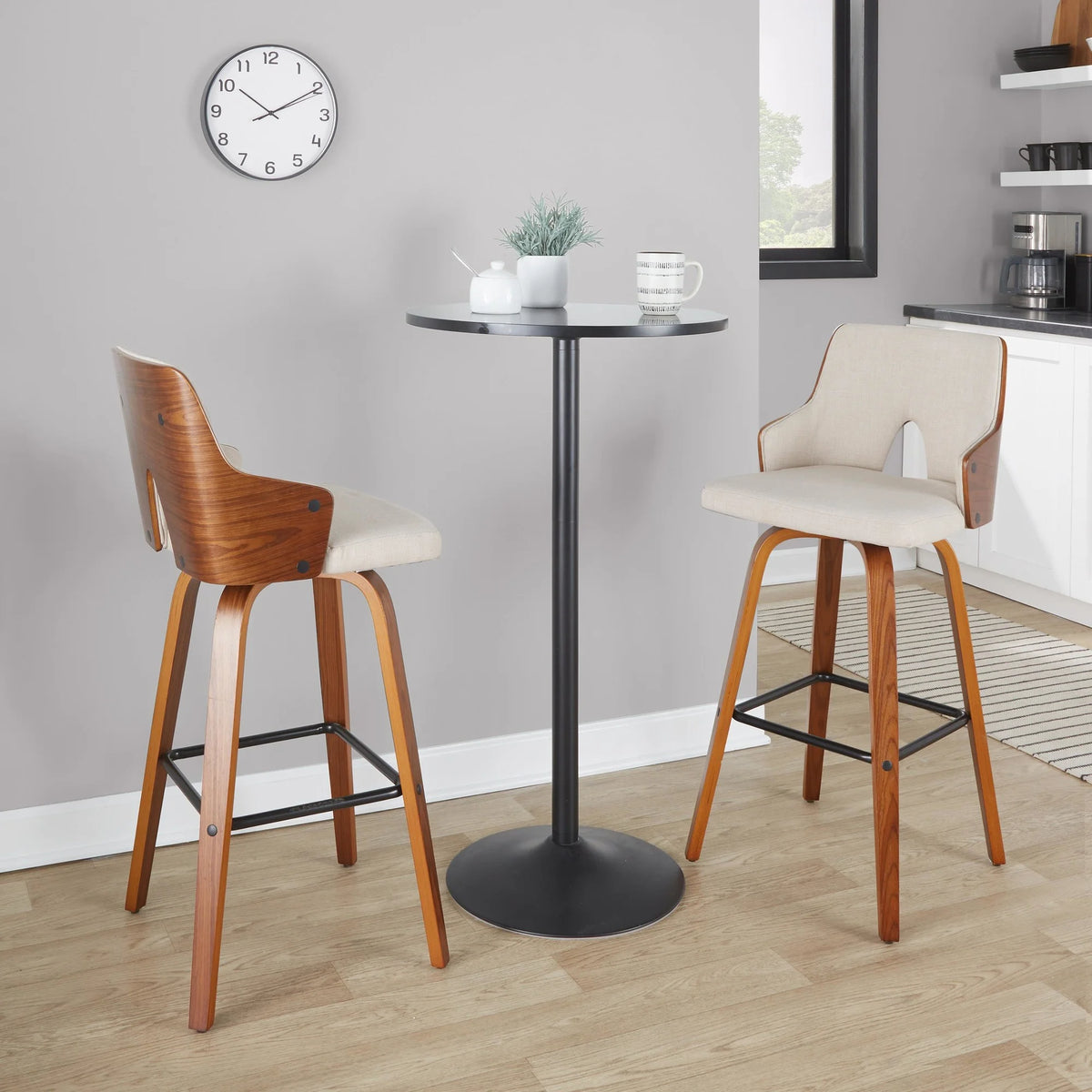 Walnut Wood Beige Fabric Swivel Barstool Set of 2 Z756644