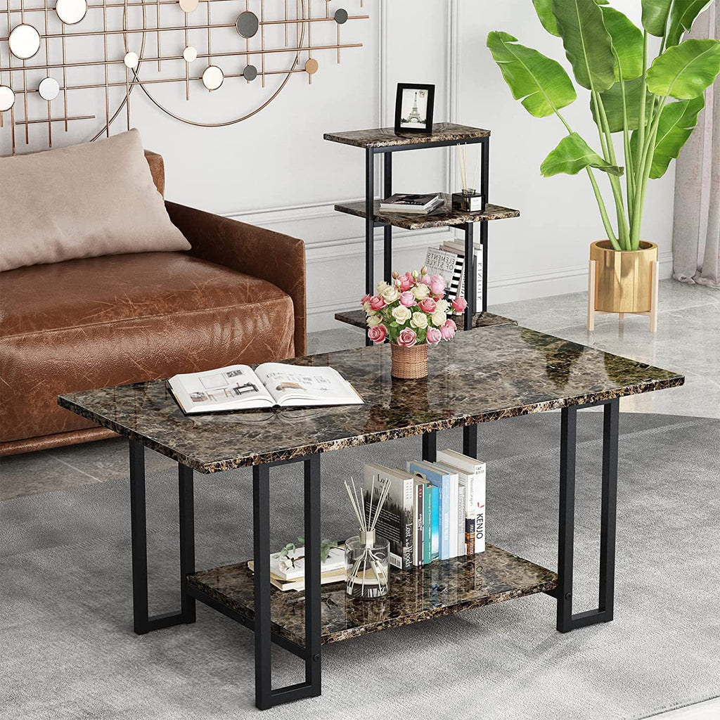 Faux Marble Coffee Table Set of 3 with Metal Legs J323