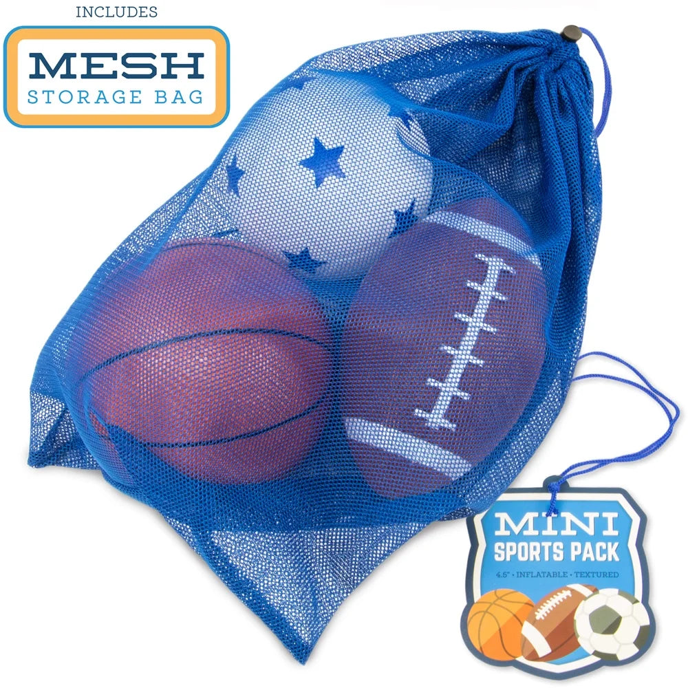 Mini Sports Pack: Inflatable Football, Soccer Ball, Basketball in Mini Mesh Bag I84756