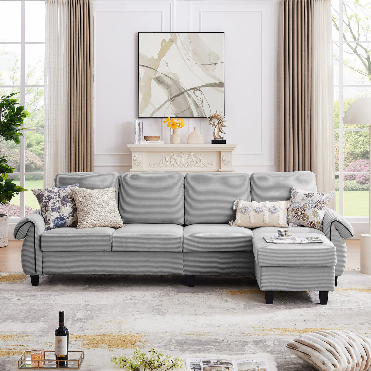 Grey Corduroy L Shaped Sectional Sofa with Reversible Ottoman V63626