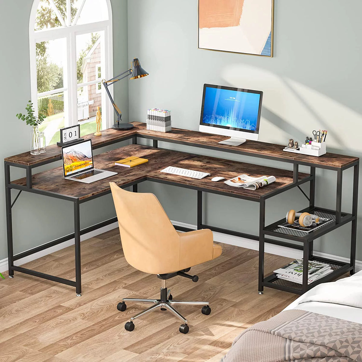 69" Reversible L Shaped Corner Computer Desk with Monitor Stand Y1507