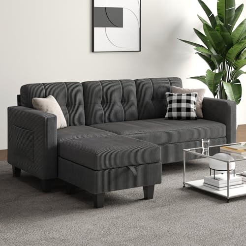 76 Inch Corduroy L Shaped Sectional Sofa with Storage Ottoman D73670