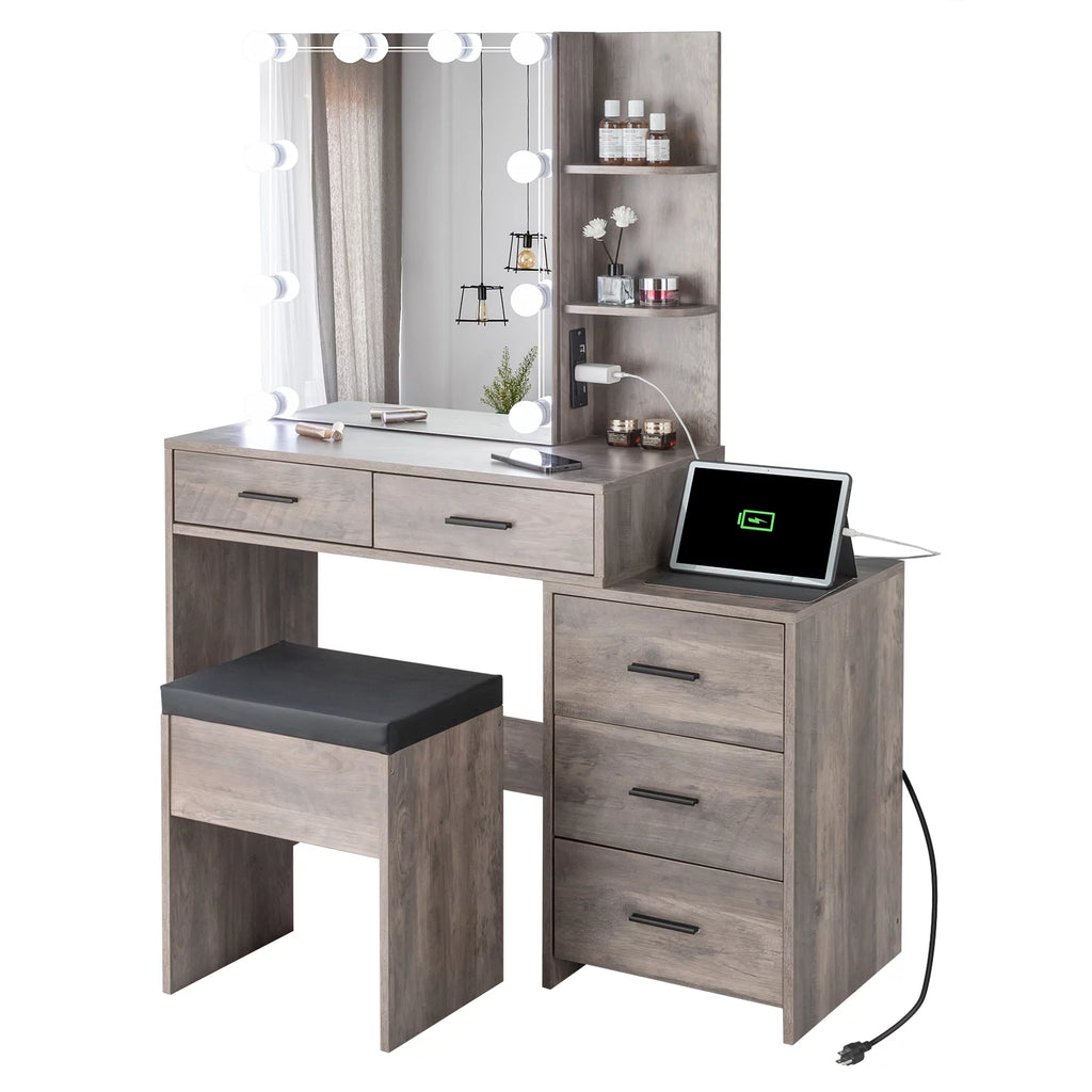 Lighted Vanity Makeup Table Set with Sliding Mirror and Cushioned Stool H8244