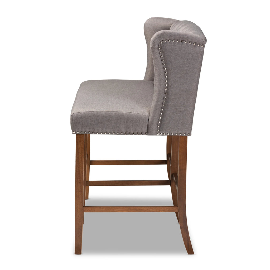 Grey Fabric Upholstered Walnut Finished Wood Button Tufted Bar Stool Bench F4230