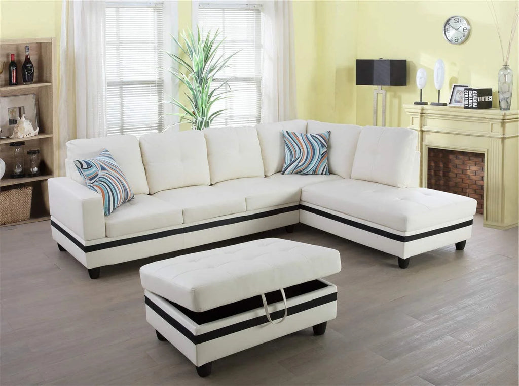 Black&White Leather Sectional Sofa Set with Storage Ottoman and Matching Pillows F21951
