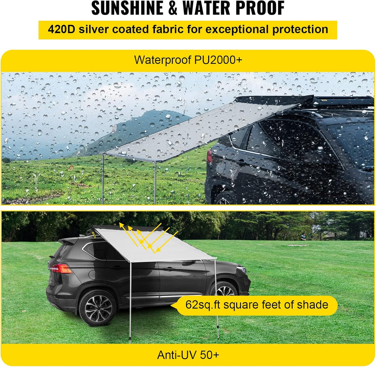 Car Side Awning, 7.6'x8.2', Retractable Waterproof UV50+ with Carry Bag, Grey D3836