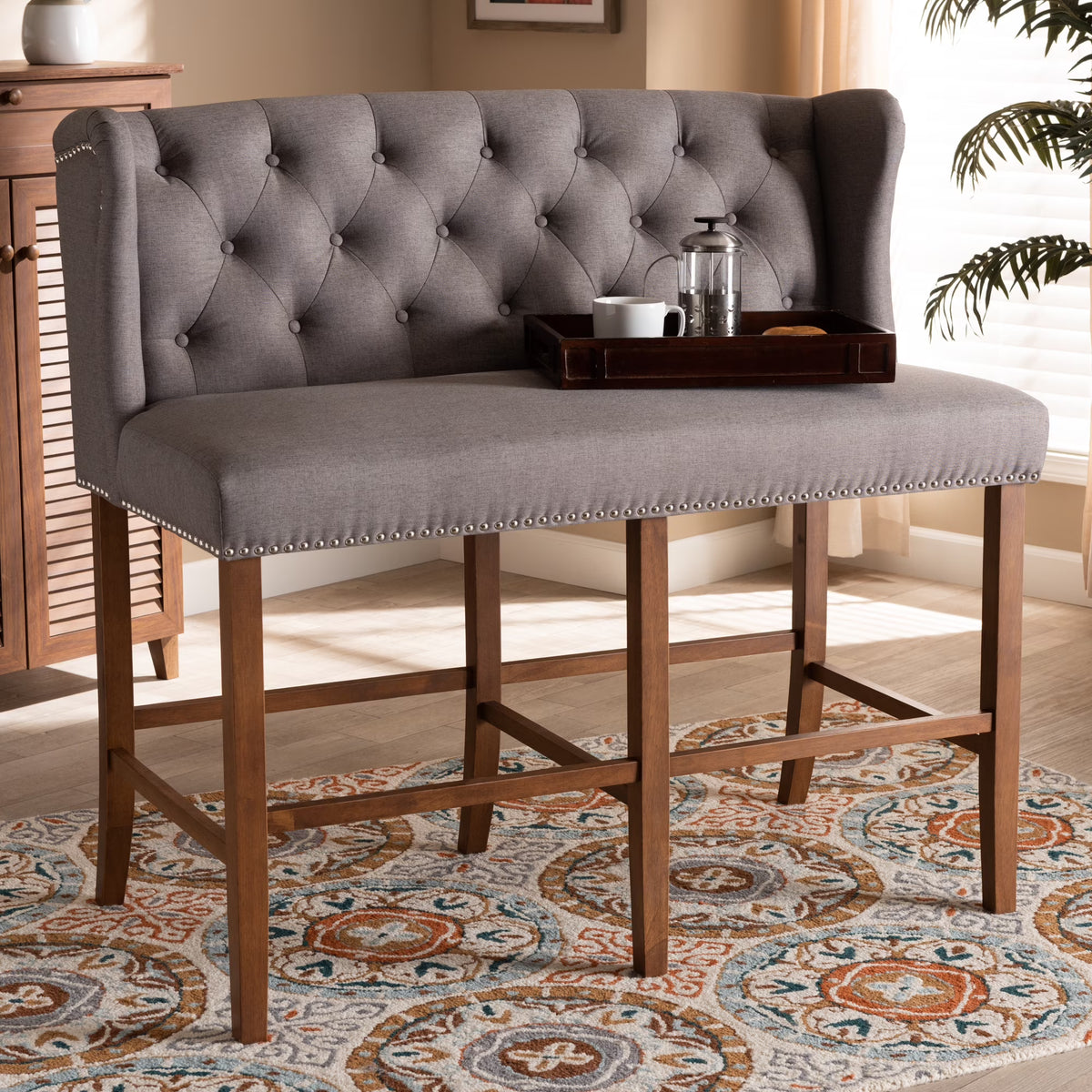 Grey Fabric Upholstered Walnut Finished Wood Button Tufted Bar Stool Bench F4230
