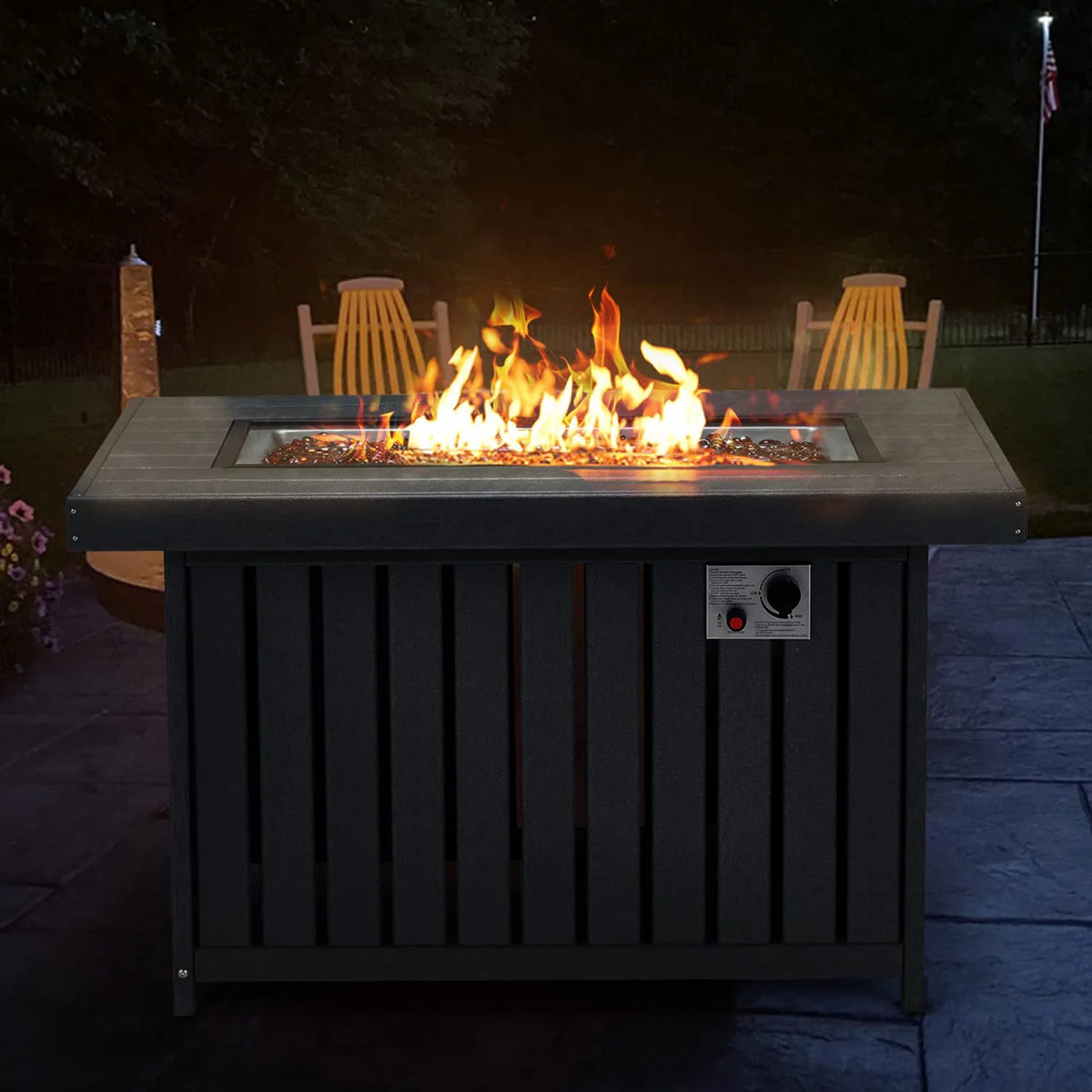 Gray 43 Inch HDPE Propane Fire Pit Table with Lid and Fire Glass D928296