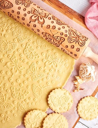 Wooden Embossed Rolling Pin with Butterfly Pattern P1246