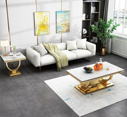 White Marble Coffee Table with Stainless Steel Pedestal X6720