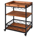 Solid Wood 3-Tier Rolling Bar Cart with Wine Rack H59799