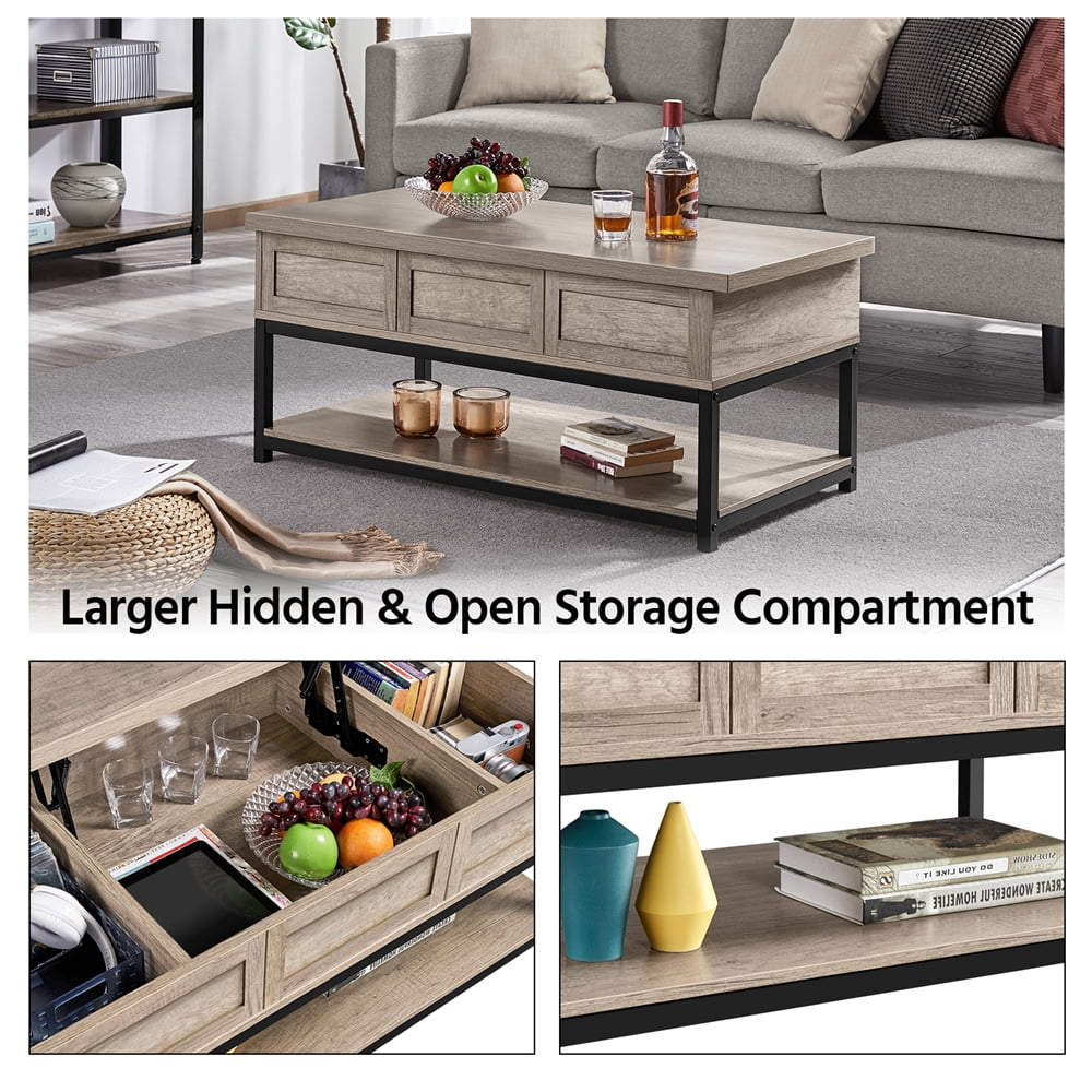 Rustic Gray Wooden Lift Top Coffee Table with Storage Shelf R762