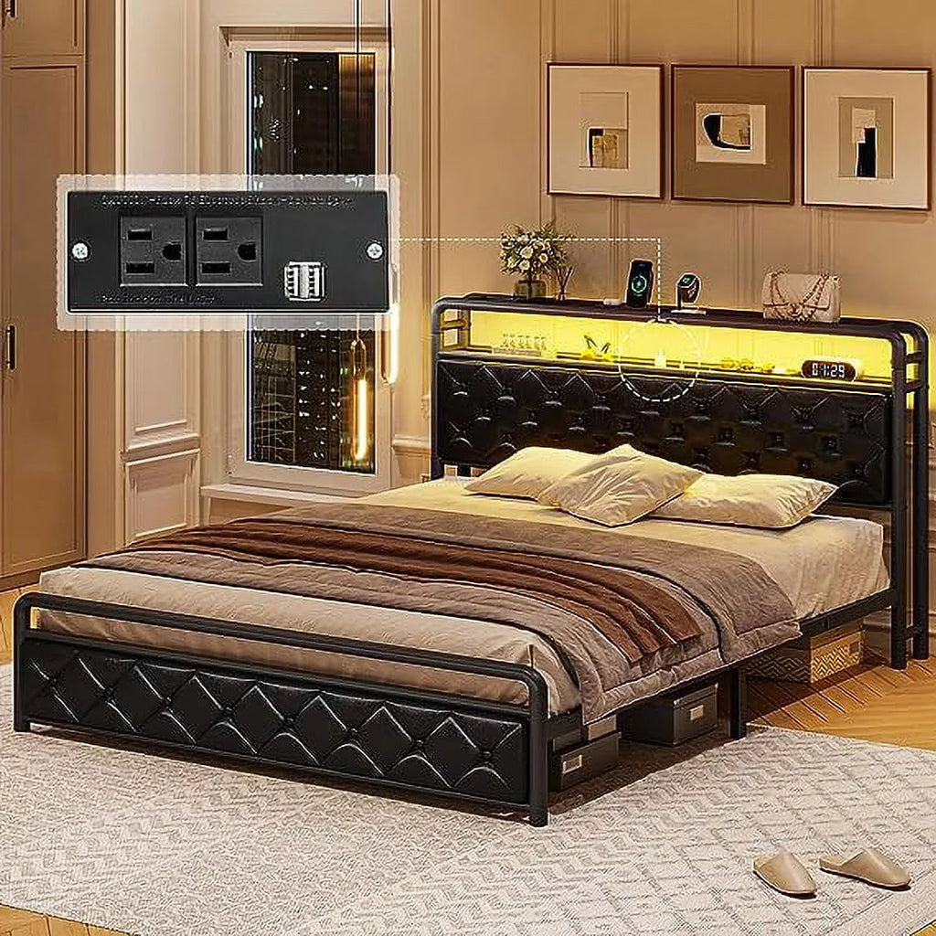 King Size Upholstered Platform Bed Frame with LED Lights, USB Charging Station, Hidden Storage Headboard, Dark Grey V44566