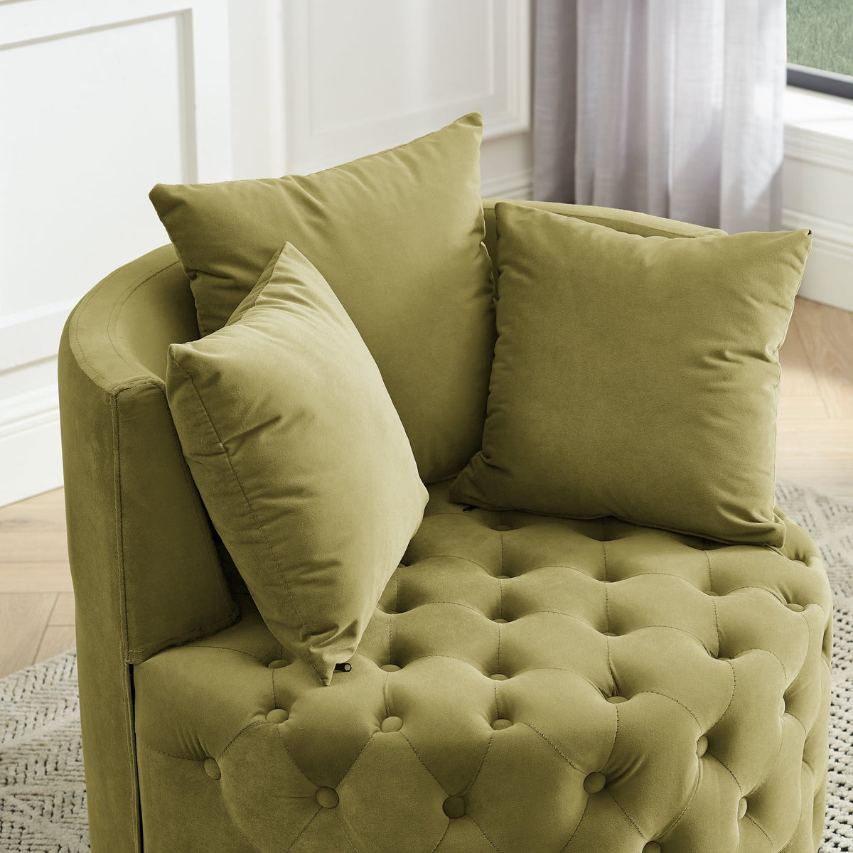 Khaki Green Velvet Swivel Chair with Wheels T1625