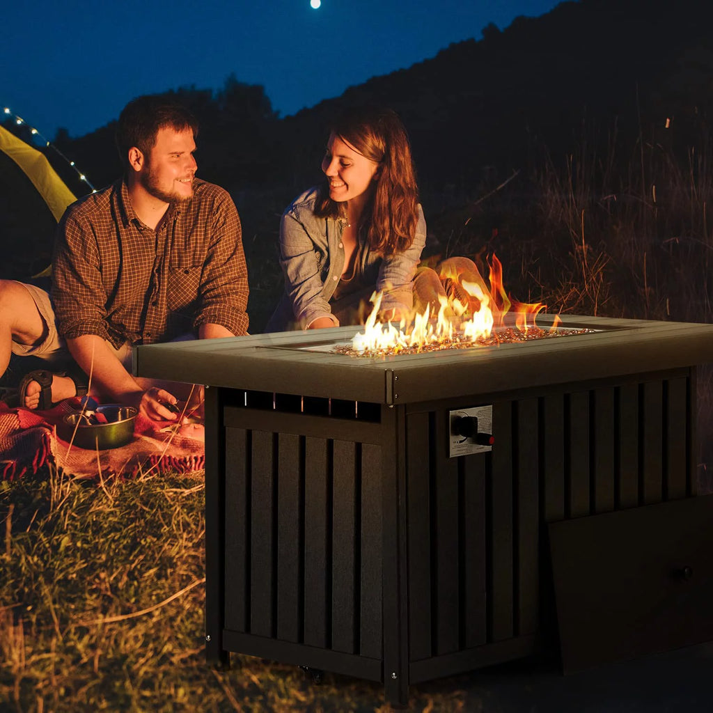 Gray 43 Inch HDPE Propane Fire Pit Table with Lid and Fire Glass D928296