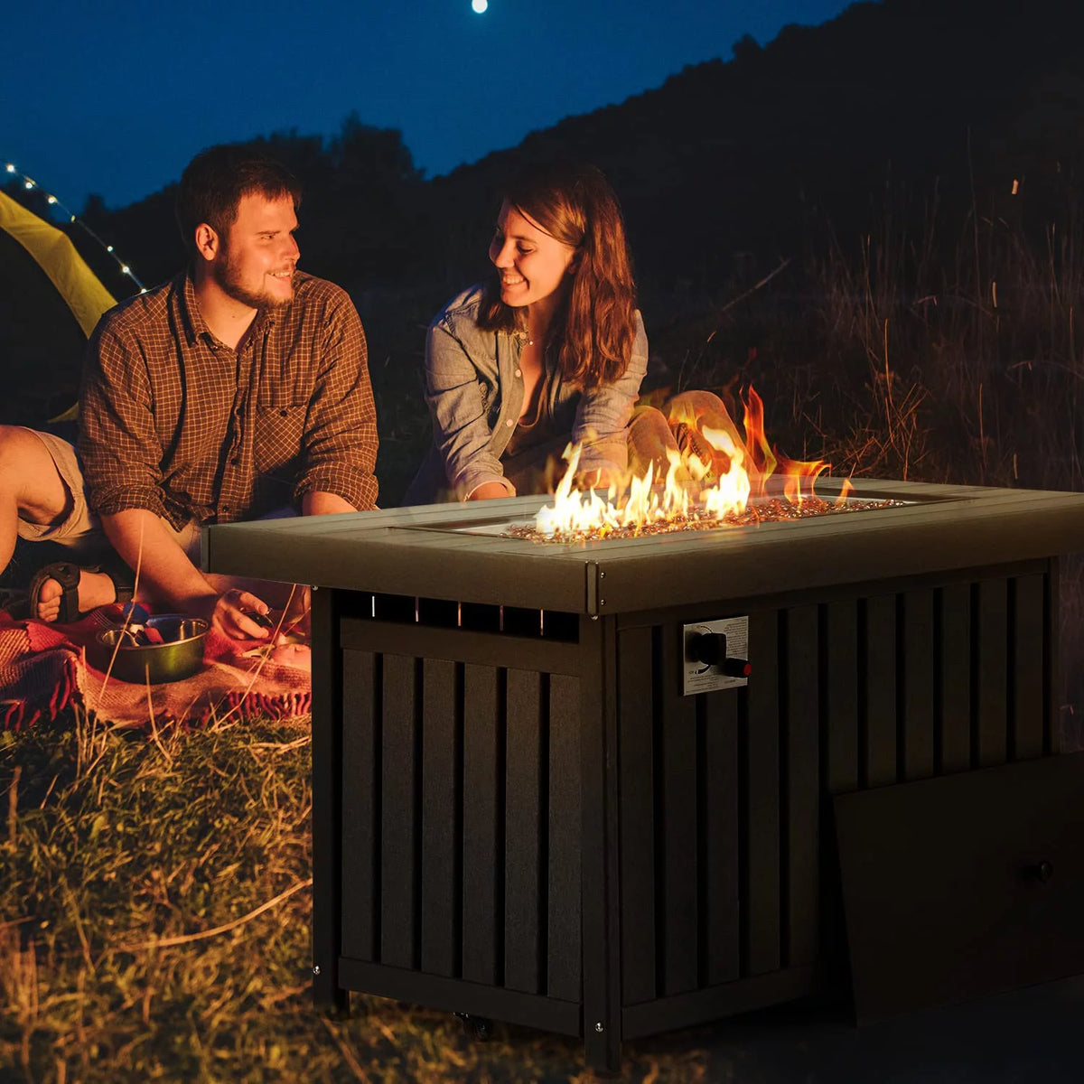 Gray 43 Inch HDPE Propane Fire Pit Table with Lid and Fire Glass D928296