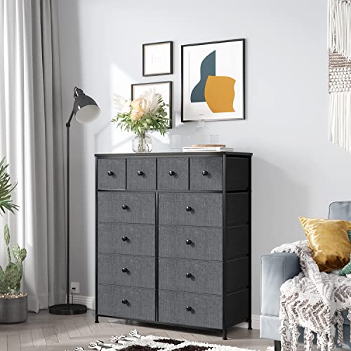 12 Drawer Fabric Dresser with Metal Frame, Wood Top, Light Grey V6209