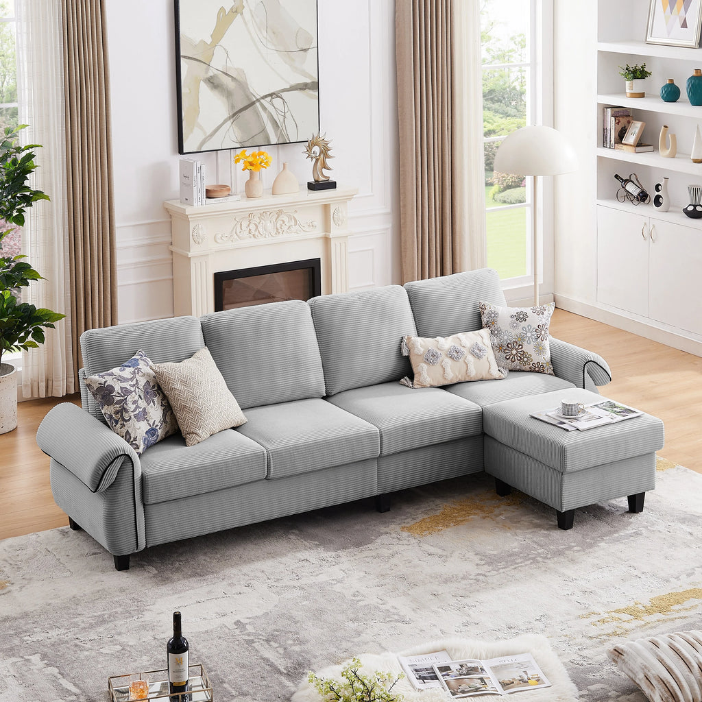 Grey Corduroy L Shaped Sectional Sofa with Reversible Ottoman V63626