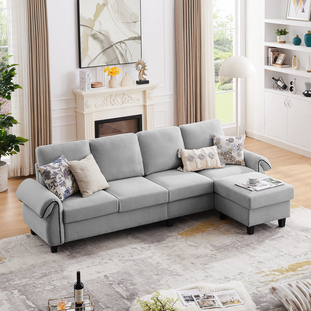 Grey Corduroy L Shaped Sectional Sofa with Reversible Ottoman V63626