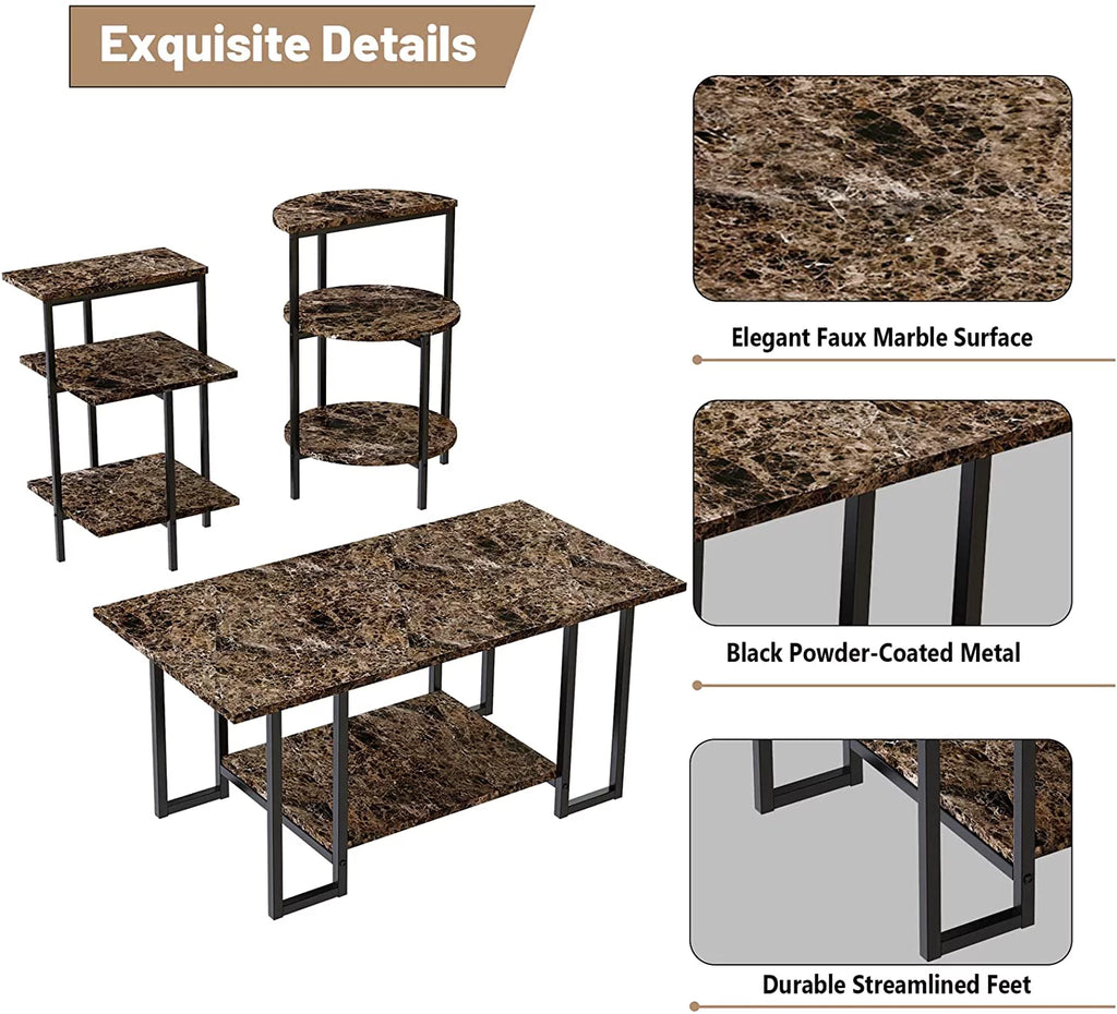 Faux Marble Coffee Table Set of 3 with Metal Legs J323