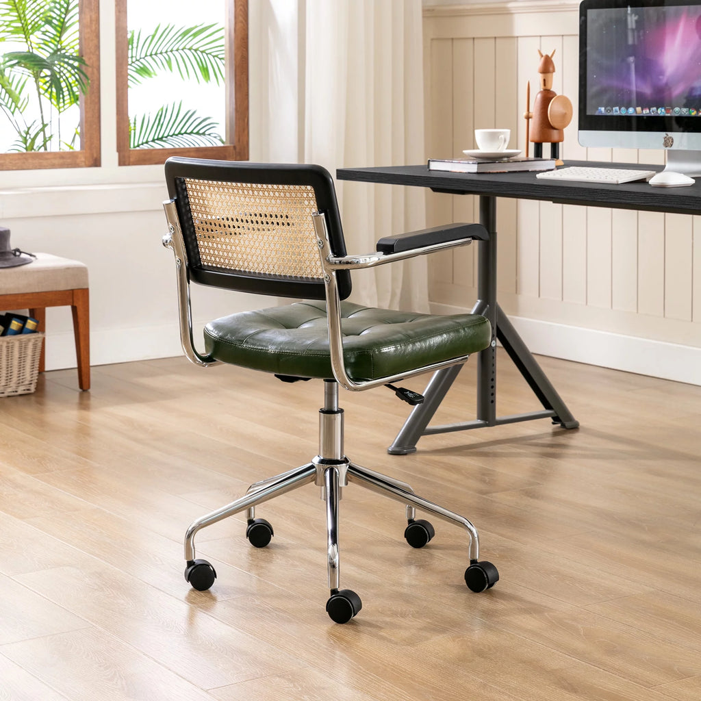 Green Faux Leather Swivel Office Chair with Rattan Back H57782