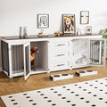 94.5" Dog Crate Furniture with 3 Storage Drawer, 4 Bowls, Grey J857326