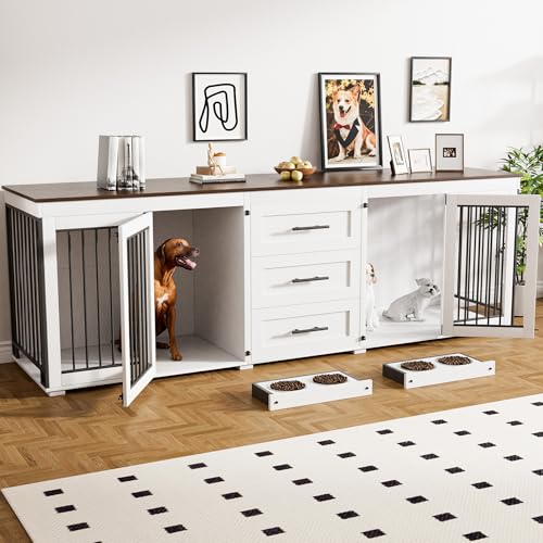 94.5" Dog Crate Furniture with 3 Storage Drawer, 4 Bowls, Grey J857326