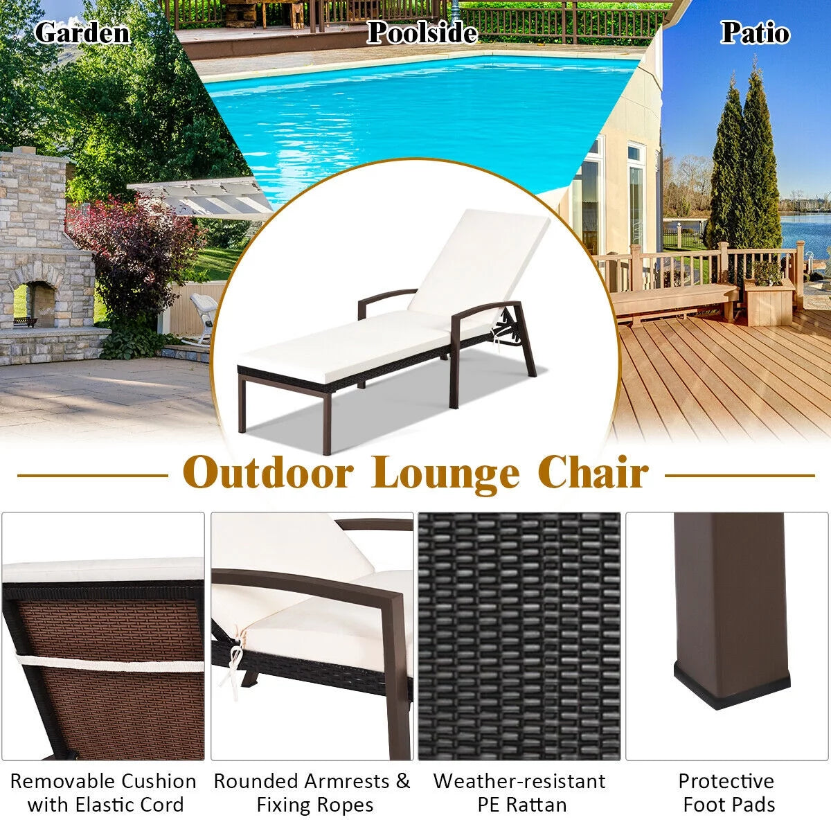 2PCS Brown Rattan Patio Lounge Chair Chaise Recliner E661156