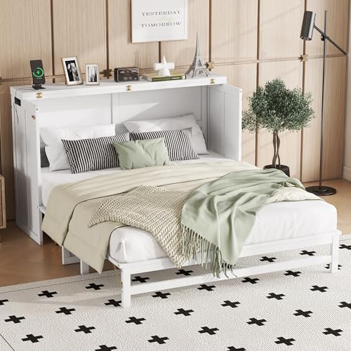Solid Pine Queen Size Murphy Cabinet Wall Bed with Storage Drawers I44434