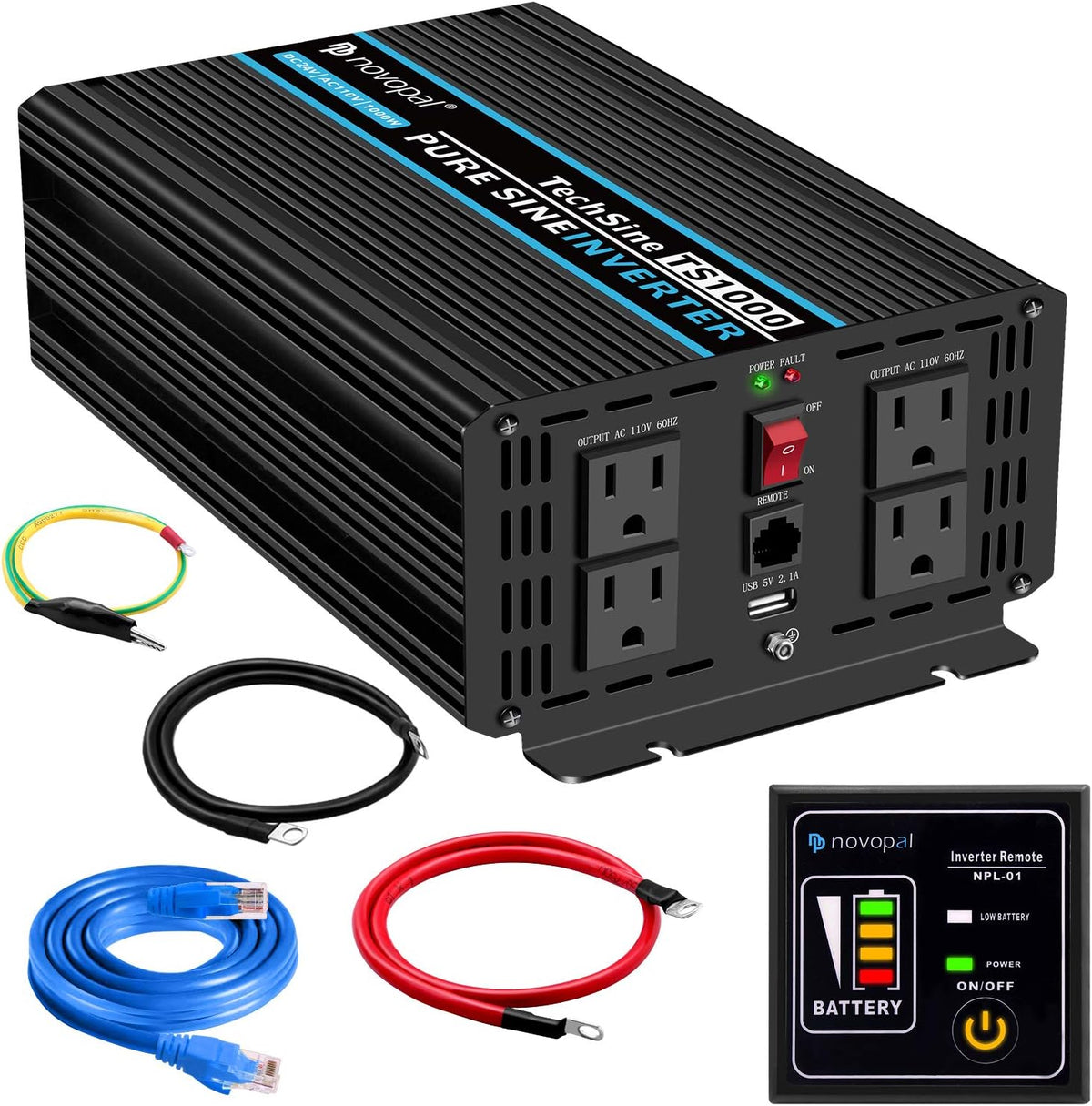 1500 Watt Pure Sine Wave Power Inverter DC 12V to 110V/120V with 4 AC Outlets and USB Port C199974
