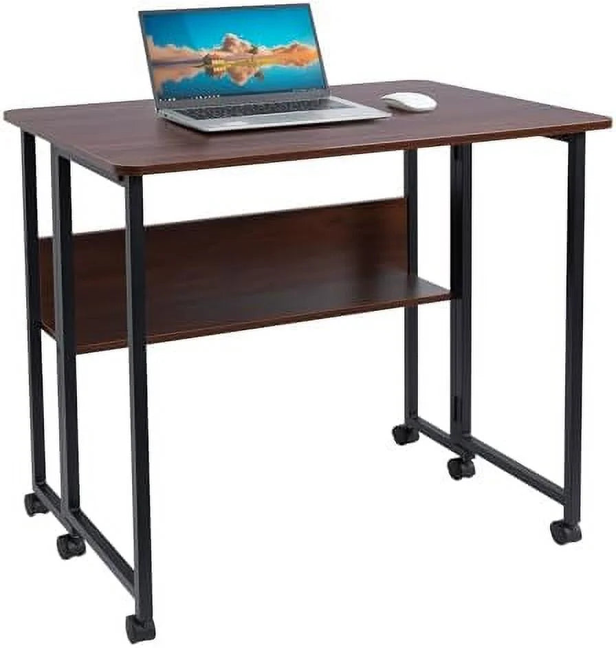 Mobile Foldable Desk with 6 Wheels and Shelves P2634