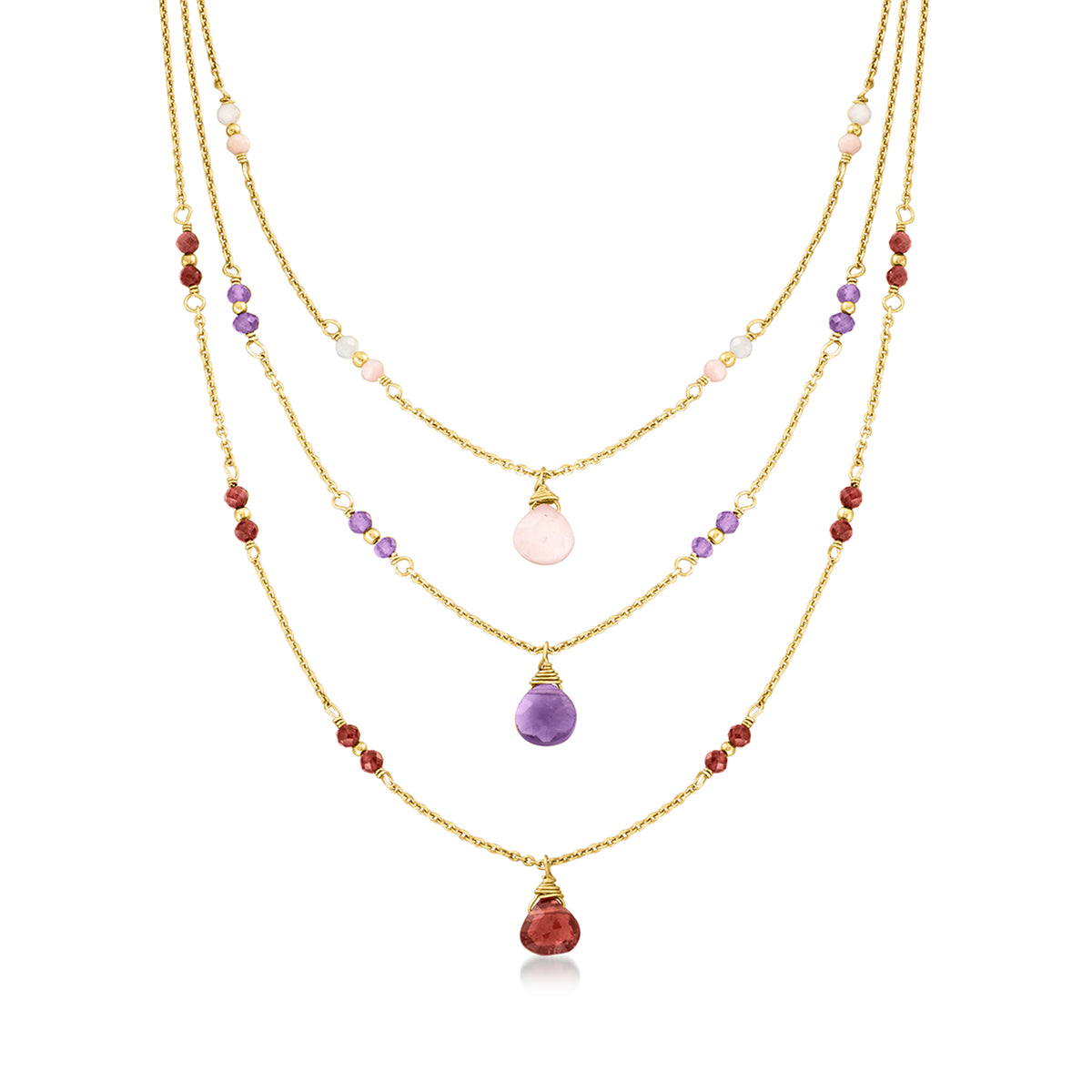 Italian Pink Opal Multi-Gemstone Layered Necklace in 24kt Gold Over Sterling T36439
