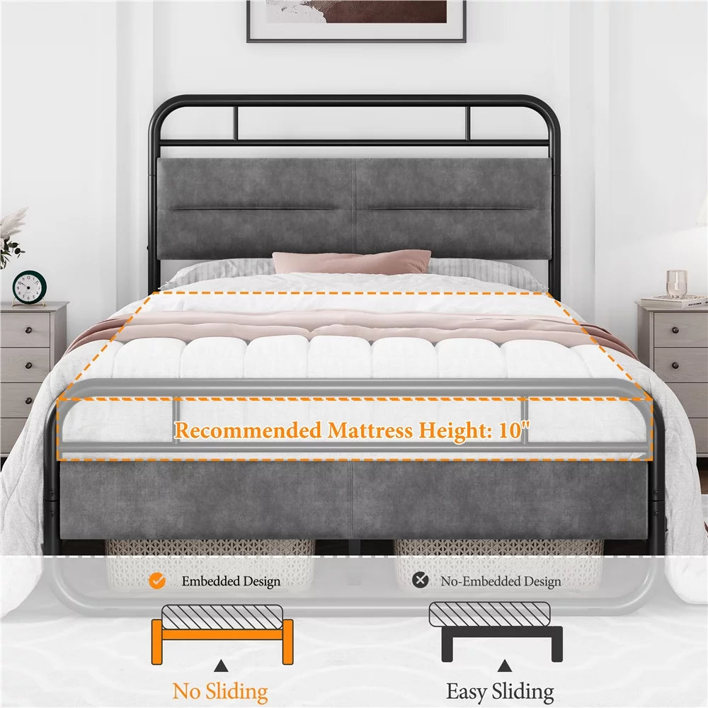 Queen Size Metal Platform Bed with Velvet Upholstered Headboard M347