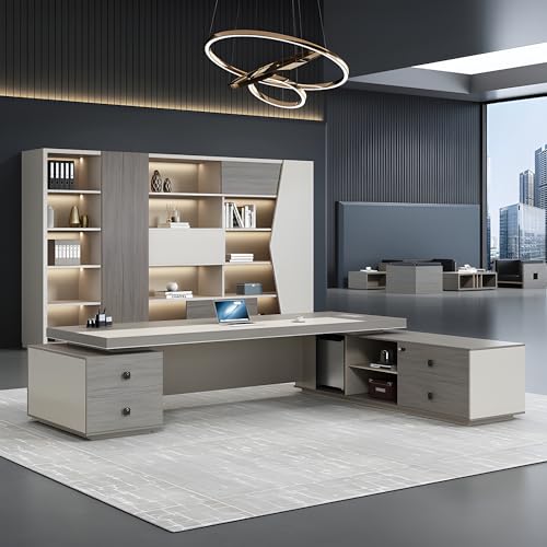 Gray L-Shaped Executive Desk with Side Cabinet 71" L x 63" W x 29.5" H F416467