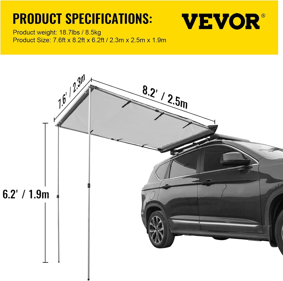Car Side Awning, 7.6'x8.2', Retractable Waterproof UV50+ with Carry Bag, Grey D3836