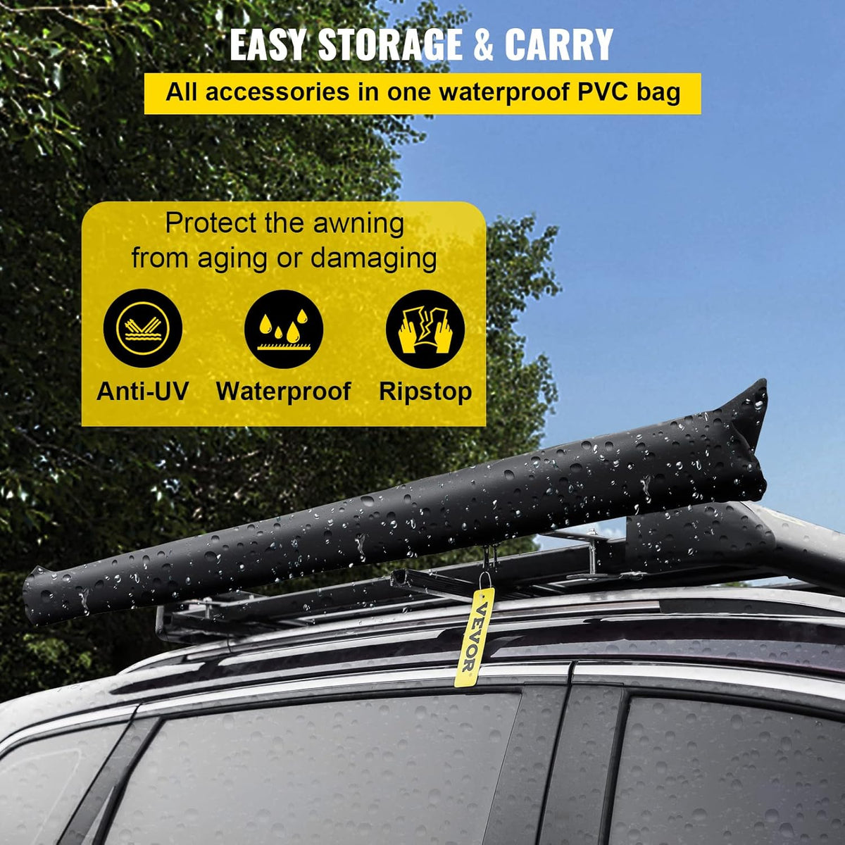 Car Side Awning, 7.6'x8.2', Retractable Waterproof UV50+ with Carry Bag, Grey D3836