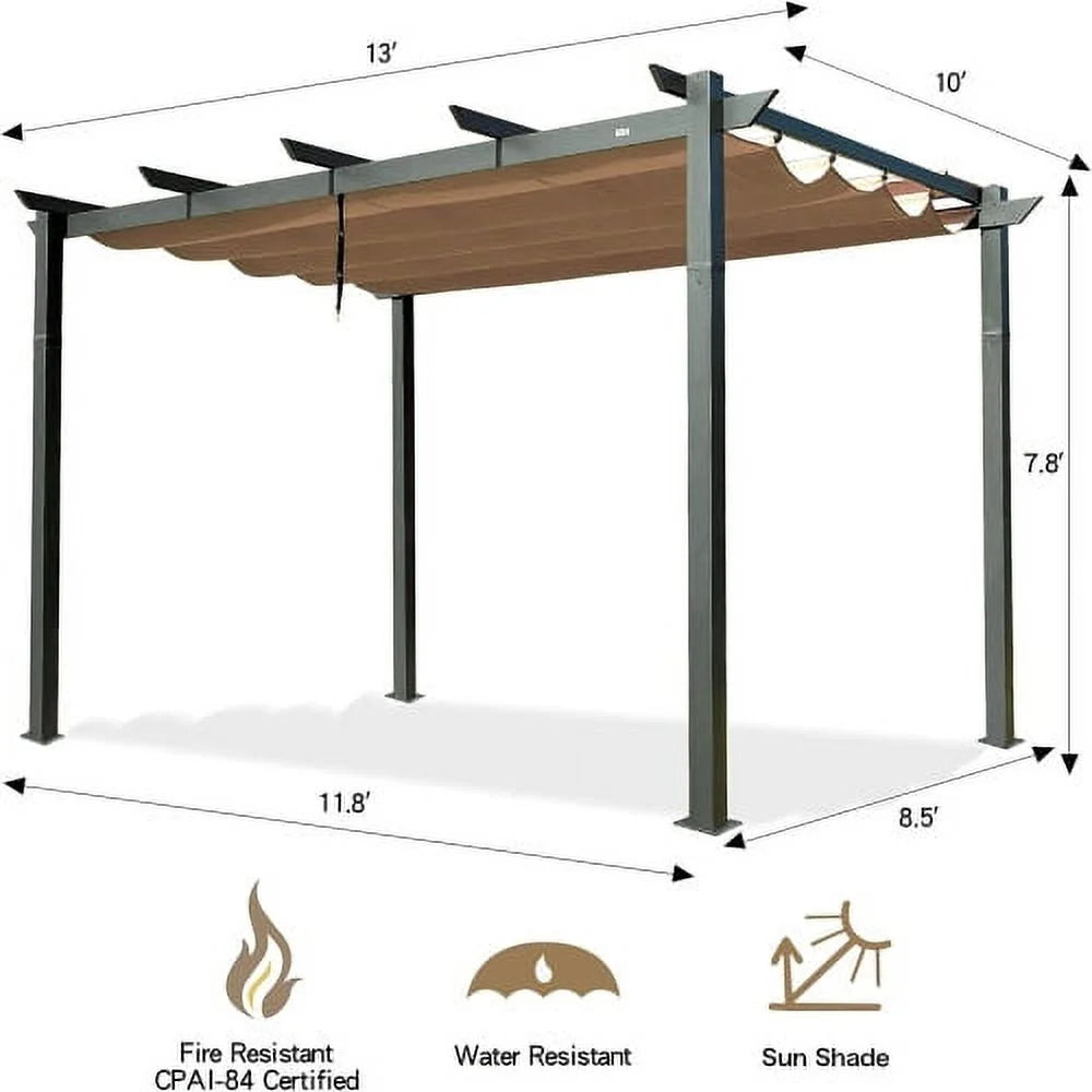 Beige Aluminum Retractable Pergola with Sun Shade Canopy J2815