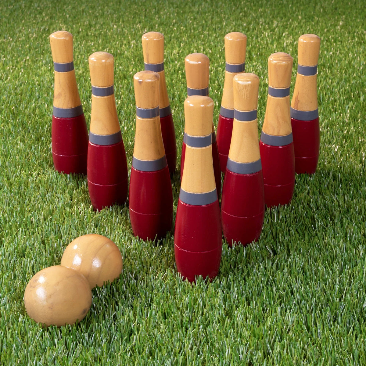 Lawn Bowling Game Set with 10 Wooden Pins, 2 Balls, and Mesh Bag V68607
