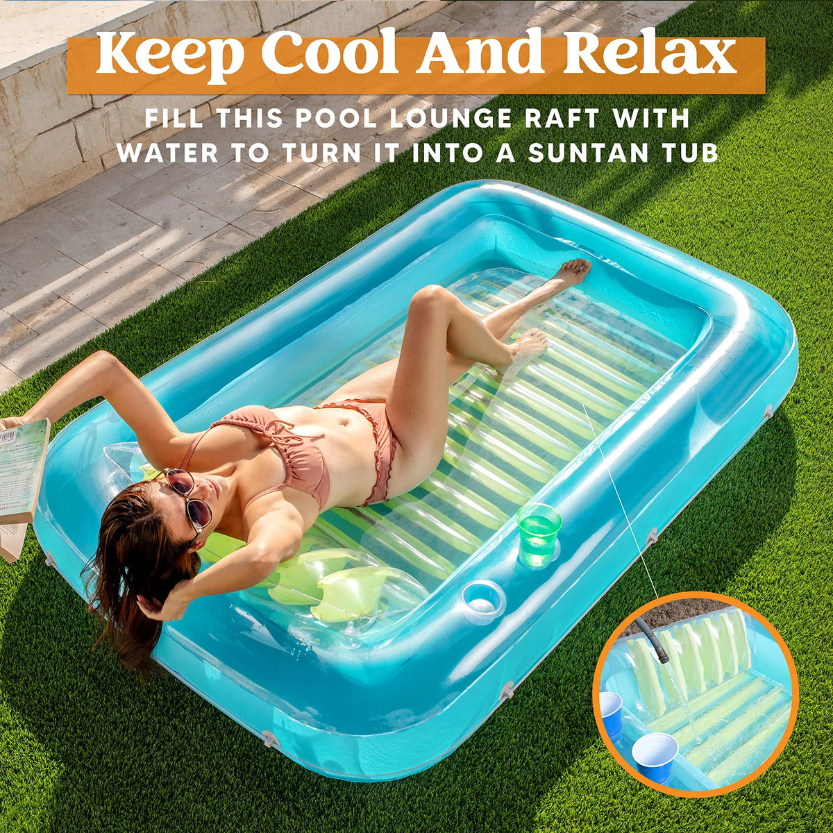 Inflatable Tanning Pool Lounger Float, 70" x 46" with Pillow, Blue A859420
